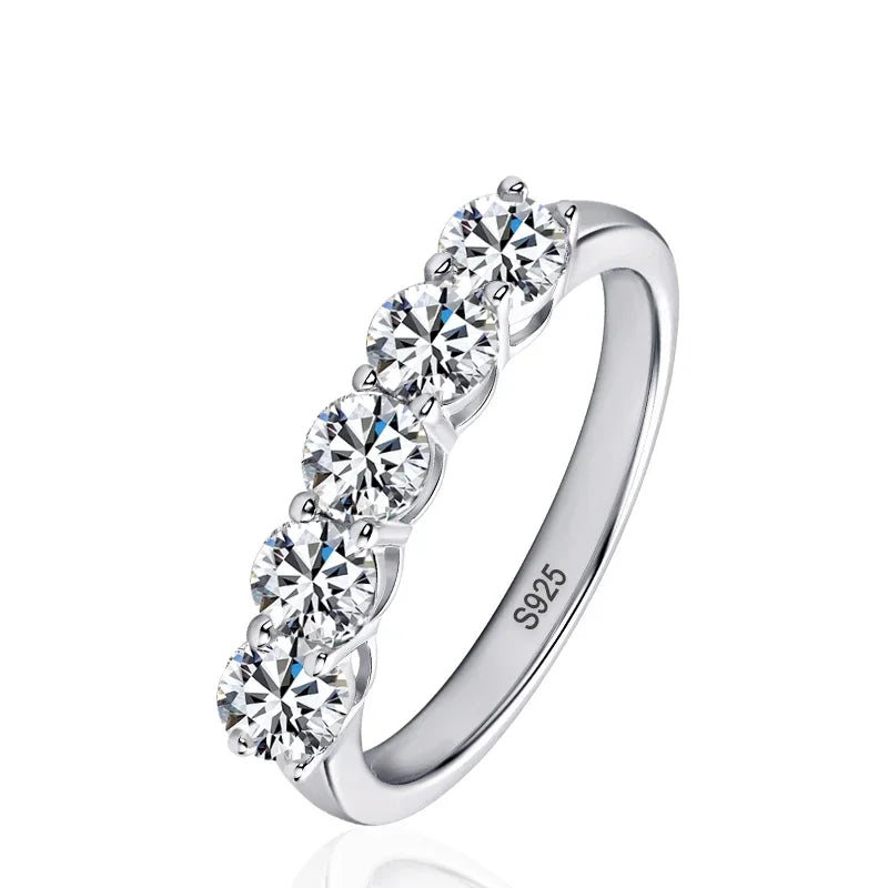 Full 4mm Moissanite Ring for Women 5 Stones Diamond Wedding Band Bride S925 Sterling Silver with White Gold Plated Rings