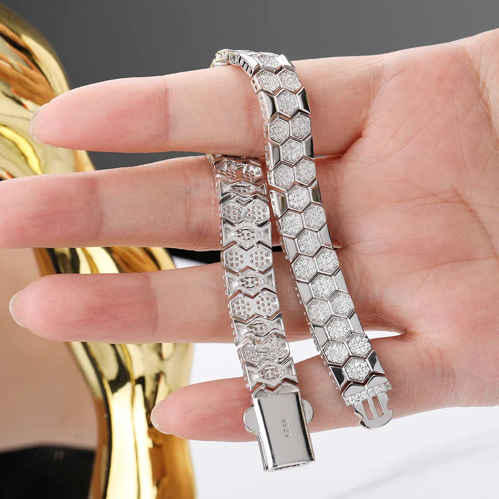 Original Honeycomb Moissanite Diamond Bracelets for Women Men 925 Sterling Silver Tennis Bracelet Wide Edge Bangles Wrist Chain