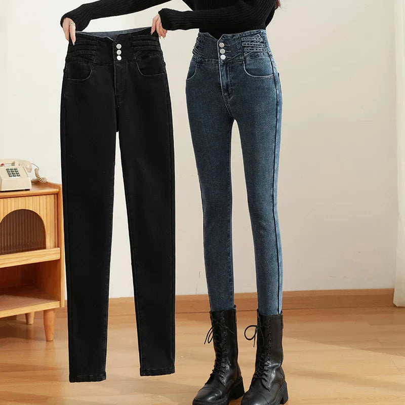 High Waisted Skinny Pants Fashion Korean Black Blue Stretch Denim Trousers