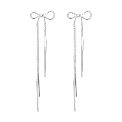 Exquisite Silver Color Ribbon Long Tassel Bowknot Drop Dangle Earrings for Women Charm Stainless Steel Party Jewelry Accessories