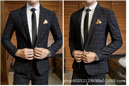 Men's Slim Fit Plaid Wedding Suit Jacket Korean Style Business Casual Single-breasted Suit with Set Wedding Groomsmen Wear