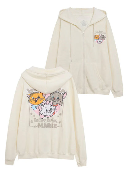 Cute Marie Cat Fleece Hooded Sweatshirt Winnie the Pooh Embroidery Zip Up Hoodies Jacket Women Casual Cartoon Jumper Top