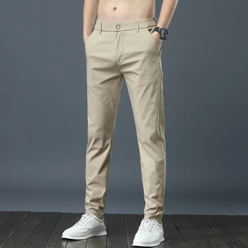 Summer Pants Ice Silk Men's Casual Simple Khaki Black Slim Straight Stretch Trousers Business Casual Male Clothing Pant