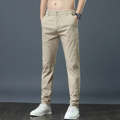 Summer Pants Ice Silk Men's Casual Simple Khaki Black Slim Straight Stretch Trousers Business Casual Male Clothing Pant