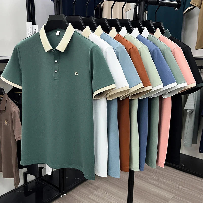 Designer brand silk cotton short sleeve polo shirt summer new Korean casual men's T-shirt fashion embossed soft breathable top