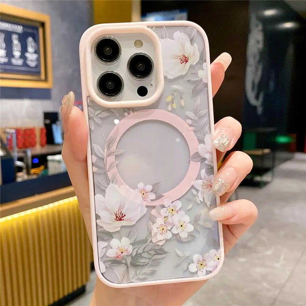 Fashion Flowers Floral Clear For Magsafe Magnetic Wireless Charging Case For iPhone 16 11 12 13 14 15 Pro Max Hard Bumper Cover