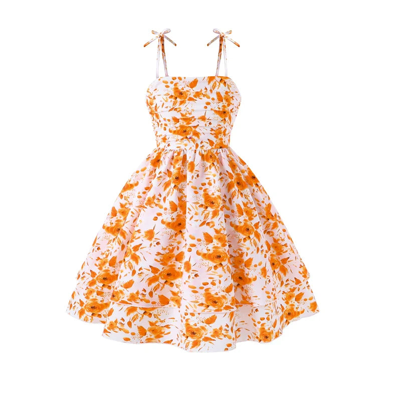 Girls 8-12 Orange Floral Summer Casual Dress, Front Spaghetti Strap Bow Decor Ruched Waist & Tiered Skirt, Daily Kids Outfit