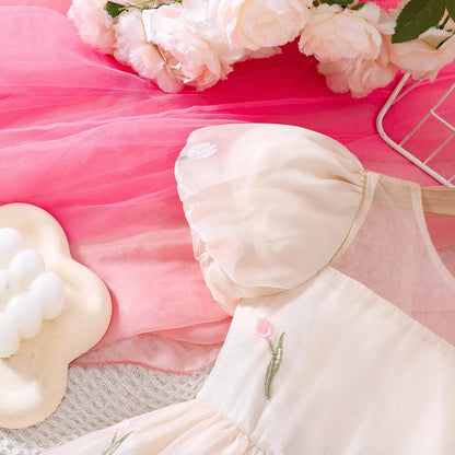 Girls' Summer Bubble Sleeves Mesh Flower Embroidered Princess Skirt Dress