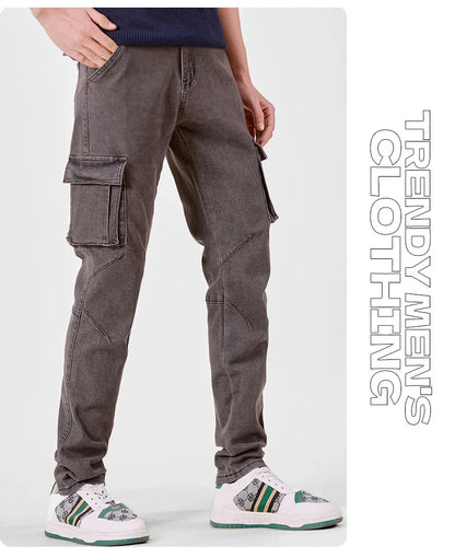 Men's Street Style Elastic Waist Denim Cargo Pants Solid Color Washed Slim Fit Casual Jeans with Multiple Pockets for Daily Wear