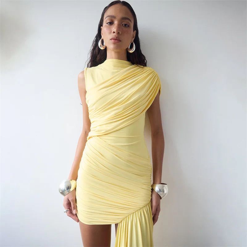 Summer Draped Ruched Sexy Mini Dress Women 2025 New Irregular High Waist Slim Fit Dress Female Elegant Club Tank Dress
