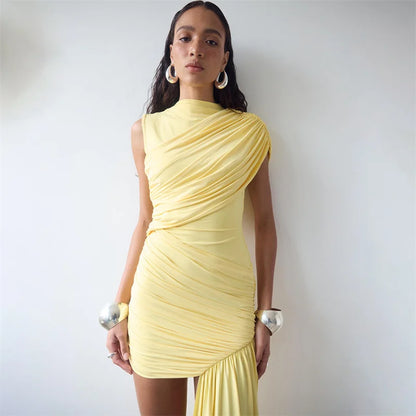 Summer Draped Ruched Sexy Mini Dress Women 2025 New Irregular High Waist Slim Fit Dress Female Elegant Club Tank Dress