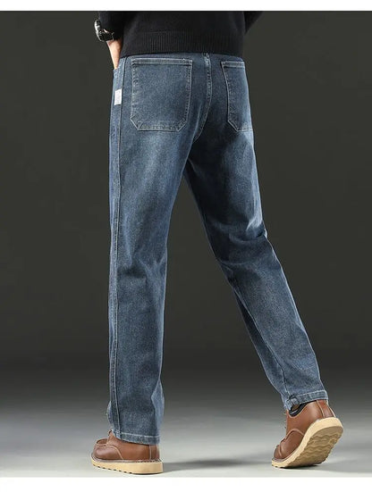 Men's Spring Autumn Soft Baggy Jeans Casual Straight Stretch Wide-Leg Business Denim Pants Versatile Comfortable Loose Trousers