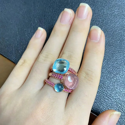Conjunto de 3 anéis empilháveis ​​Nudo para mulheres, conjunto com cores mistas, cristais tipo bala incrustados, zircônia, ametista, topázio azul, joia redonda, presente