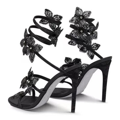 Luxury Designer Pink Flower Rhinestone High Heels Sandals Shoe Sexy Wrap Strap Open Toe Stripper Prom Party Ladies Shoes