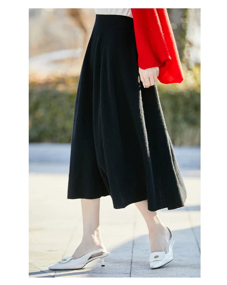 Autumn And Winter High Waist 100% Pure Wool Skirt Female Slim Long Knitted Wool Skirt Loose Wearing A-Line Skirt
