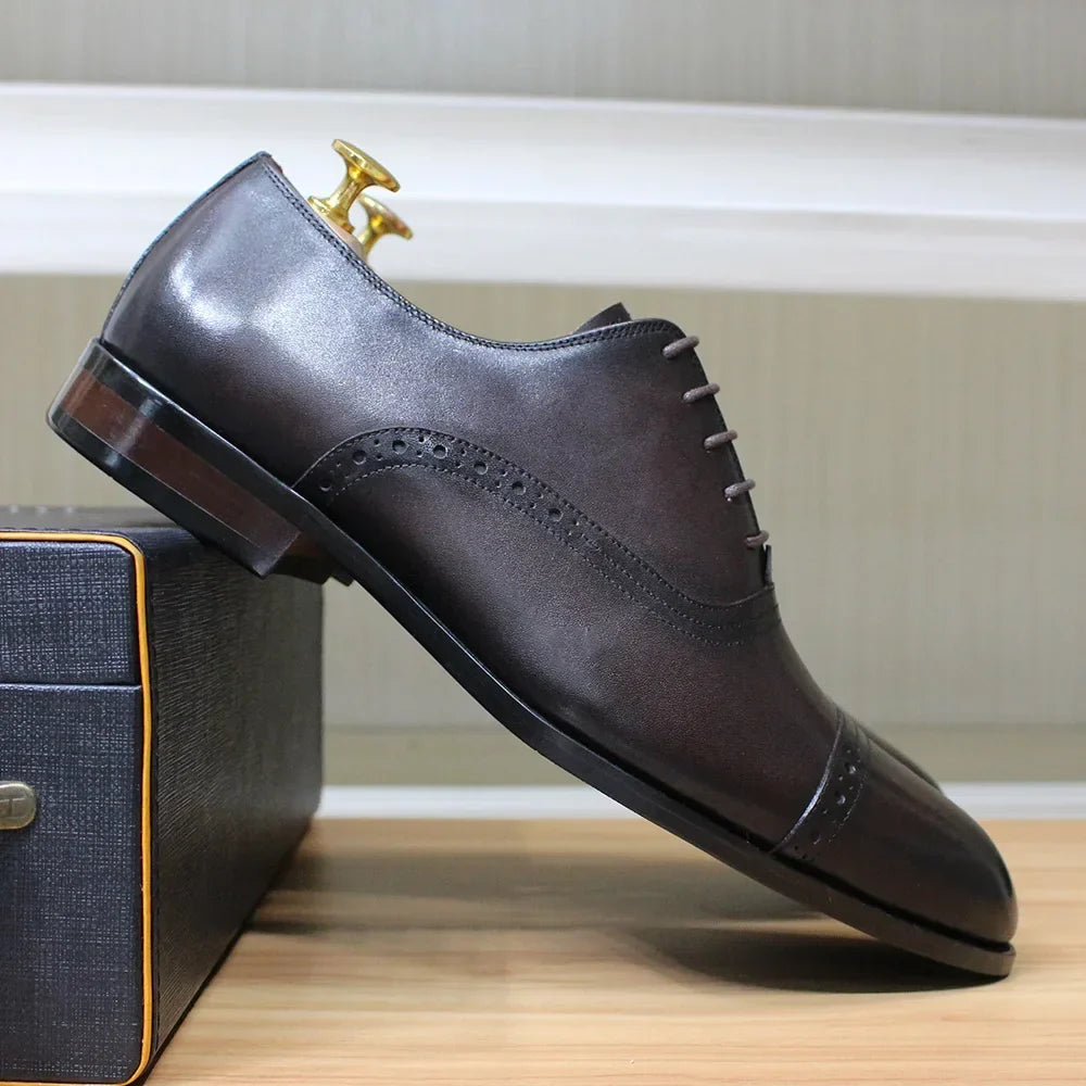 Men's Genuine Leather Oxfords Handmade Cap Toe Dress Shoes Lace-Up Formal Wedding Shoes Business Office Male Footwear