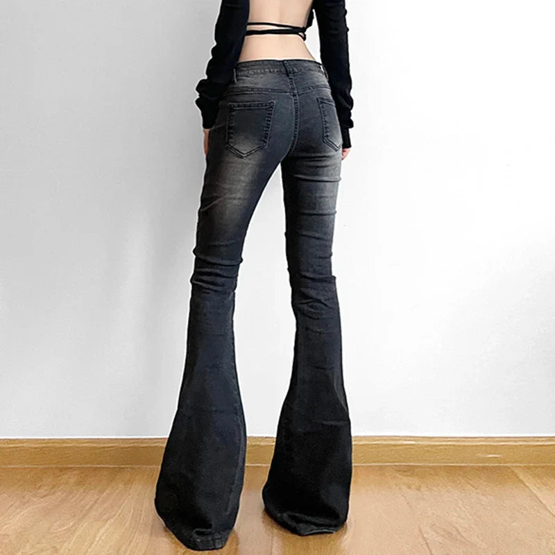 Folds y2k Flare Jeans Vintage Low Rise Denim Trousers Aesthetic Streetwear Distressed Mom Jeans Women Casual Skinny Pants