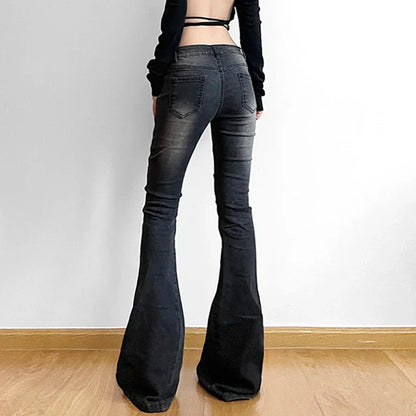 Folds y2k Flare Jeans Vintage Low Rise Denim Trousers Aesthetic Streetwear Distressed Mom Jeans Women Casual Skinny Pants