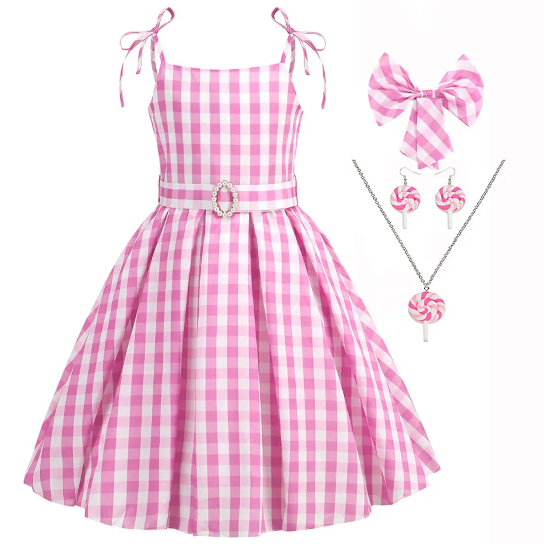 2025 Summer Beach Baby Girl Pink Cute Sleeveless Plaid Slim Strap Dress For Girl Cowboy Look Stripe Dress Set With Belt