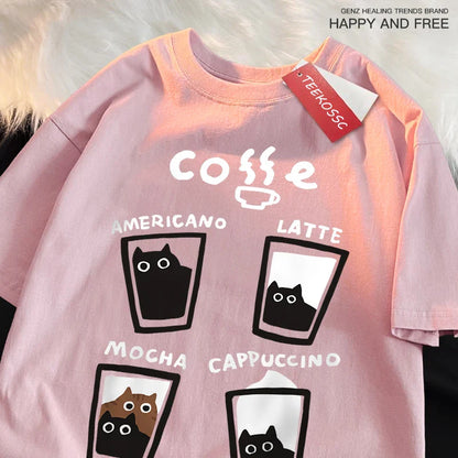 Fun Coffee Cat Japanese Style Men Women T-Shirts Oversize Tshirt Breathable Loose Short Sleeve Tee Clothes Cotton Streetwear
