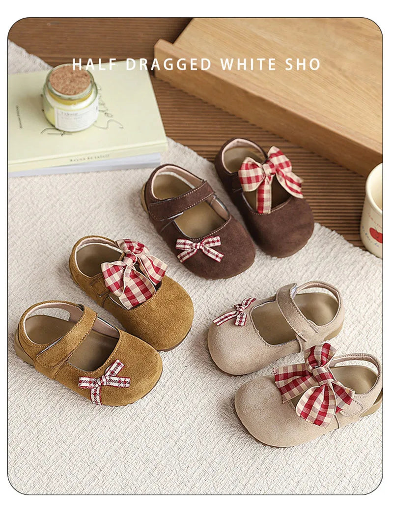 New Summer Kids Baotou Sandals 23-34 Size Sweet Checkered Bow Girls Princess Shoes Soft Sole Children Nude Shoes