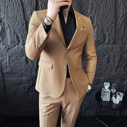 Men's Korean Style Slim Fit Suit Set, High Quality Fabric Solid Color Edge Pressing for Wedding Business
