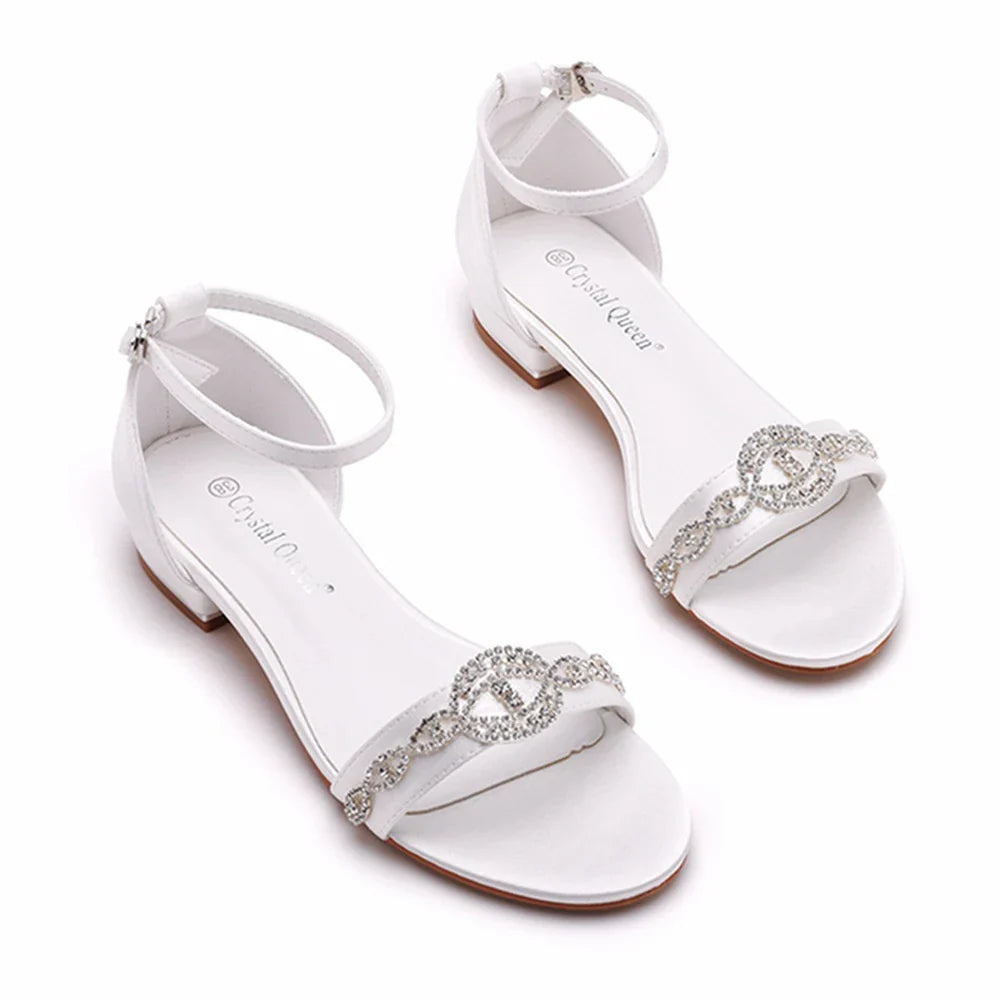 Summer new 2-cm square-heeled silk ribbon pearl rhinestone low-heeled wedding shoes beaded lace-up flat large-size women sandals