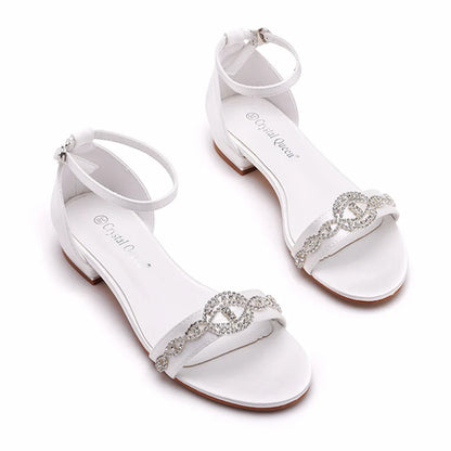 Summer new 2-cm square-heeled silk ribbon pearl rhinestone low-heeled wedding shoes beaded lace-up flat large-size women sandals