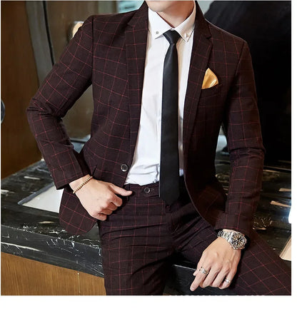 Men's Slim Fit Plaid Wedding Suit Jacket Korean Style Business Casual Single-breasted Suit with Set Wedding Groomsmen Wear
