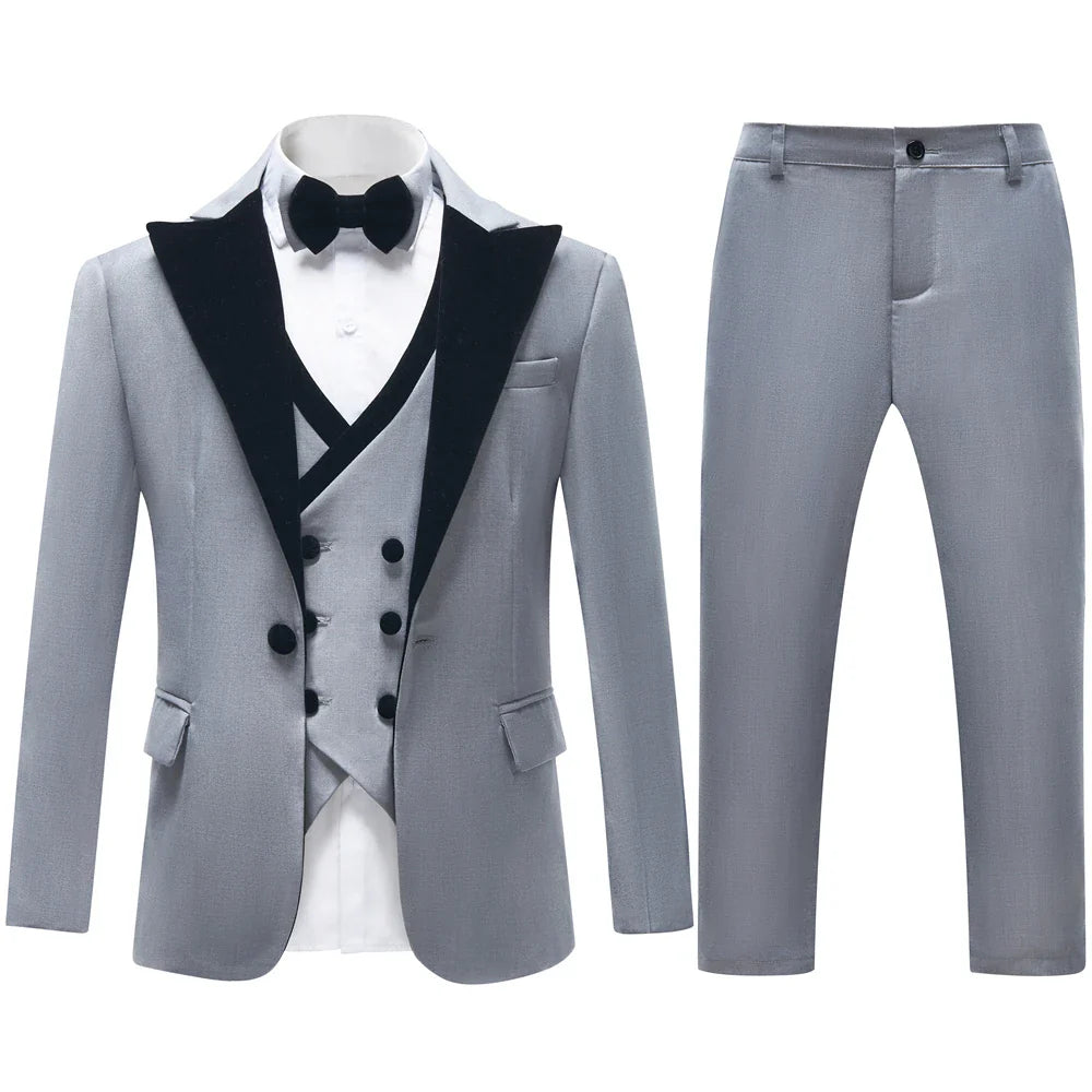 2025 Hotest Boys Formal Suit Set with Velvet Collar - One Button Blazer Vest Pants Bowtie - 3-14 Years Kids Graduation Tuxedo
