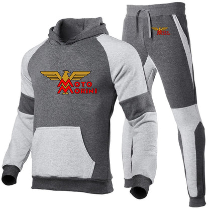 2024 Spring Autumn Men's Moto Morini Logo Print Sports Splicing Cotton Hooded Tracksuit+Jogging Sweatpants Trend Comfortable Set