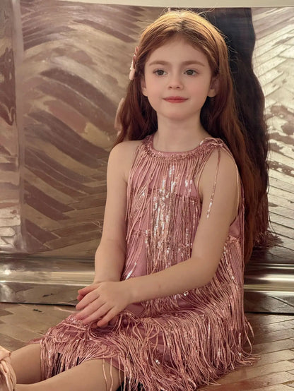 Vestido Infantil Meninas 2025 Verão Novo Moda Infantil Vestido de Borla Brilhante de Luxo Vestido de Aniversário para Meninas