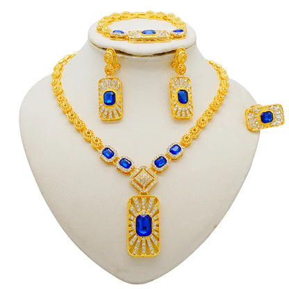 Women Gold Color Jewelry Sets Blue Pendant Necklace Earrings Bracelet Ring Sets Party Gifts