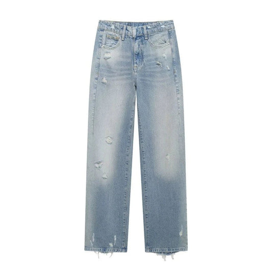 Casual Fashion Ripped Jeans for Women Pocket Zipper Button Straight Pants