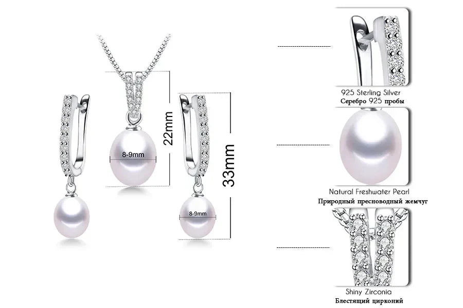 Horseshoe 8-9mm Rice Freshwater Pearl Earrings&Necklaces Jewelry Set for Women 925 Sterling Silver 45cm Pendant Necklace