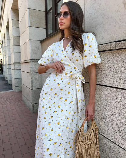 Summer Women Psrinted Dress Lace Up Short Sleeve Fashion Office Lady Long Dress 100% Cotton Daily Casual V-neck Skirt