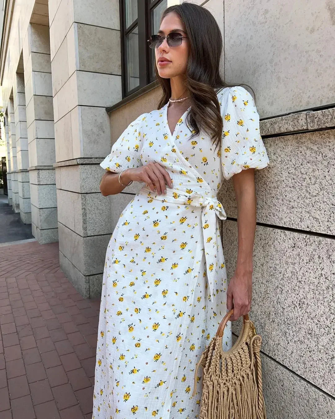 Summer Women Psrinted Dress Lace Up Short Sleeve Fashion Office Lady Long Dress 100% Cotton Daily Casual V-neck Skirt