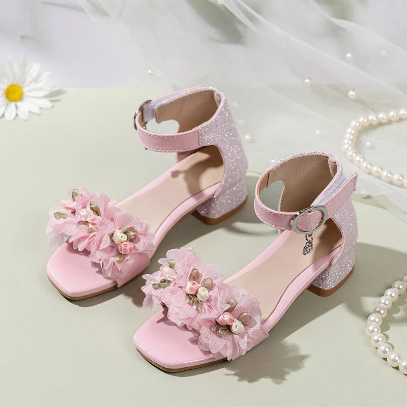 2026 Summer Kids Elegant Sandals New Sequins Girls Catwalk Shoes for Wedding Party Fashion Flower Children's Princess High Heels