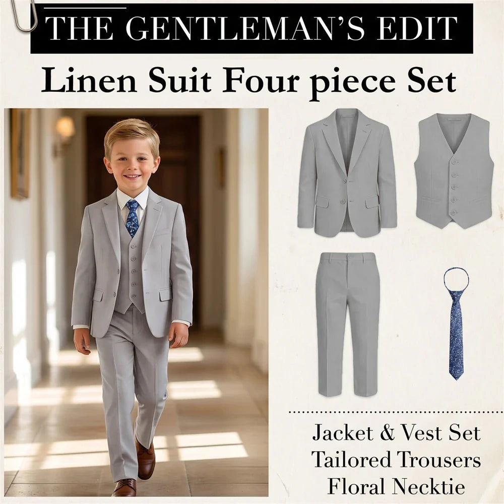 Boys 4 Piece Formal Suit Set with Vest Tie Boutonniere for Wedding Ring Bearer Prom Ceremony Party Celebration Family Gathering
