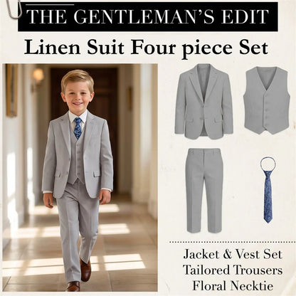 Boys 4 Piece Formal Suit Set with Vest Tie Boutonniere for Wedding Ring Bearer Prom Ceremony Party Celebration Family Gathering
