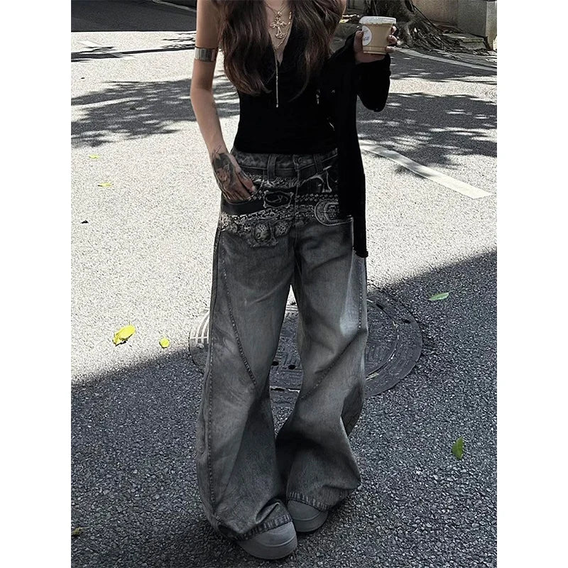 American Vintage Hip-hop High Waist Print Jeans Pants Women's Casual Baggy Y2K Wide Leg Grunge Streetwear Style Denim Trouser