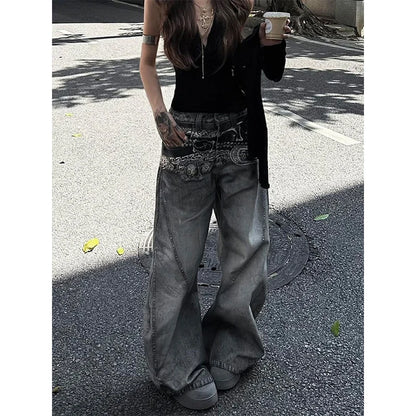 American Vintage Hip-hop High Waist Print Jeans Pants Women's Casual Baggy Y2K Wide Leg Grunge Streetwear Style Denim Trouser