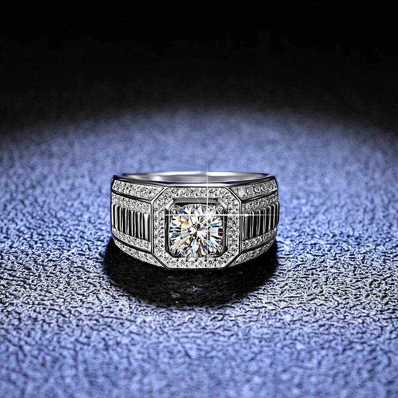 Moissanite Ring For Men Sterling Silver Platinum Plated Ring Lab Diamond Men's Rings Man Wedding Band Fine Jewelry
