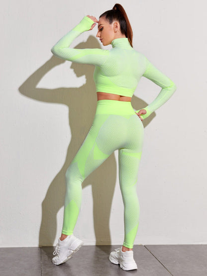 2PCS Seamless Women Yoga Set Workout Sportswear Gym Clothing Fitness Long Sleeve Crop Top High Waist Leggings Sports Suits