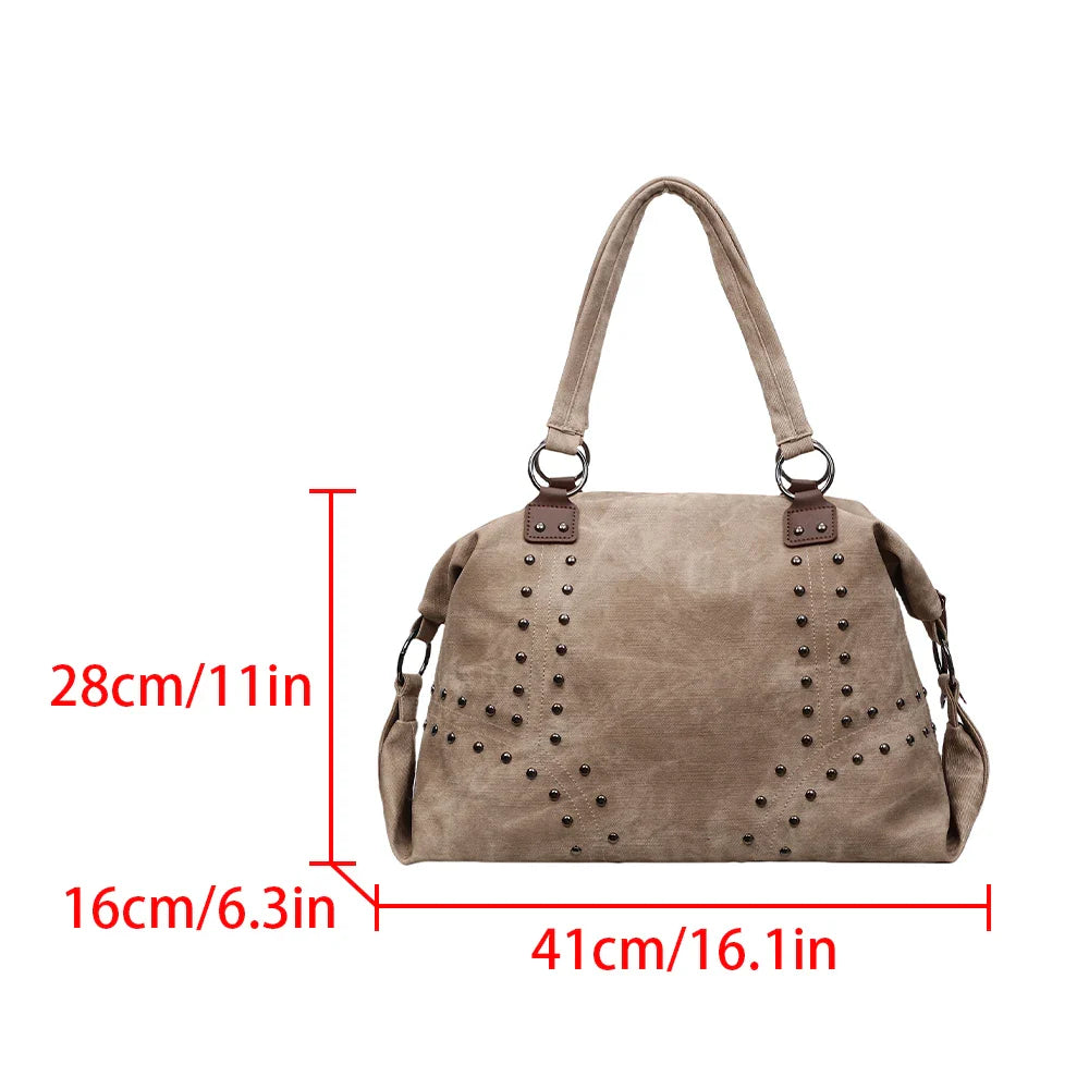 Autumn/Winter Retro Commuter Single Shoulder Bag for Women 2025 New Rivet Tote Bag Large Capacity Travel Handbag