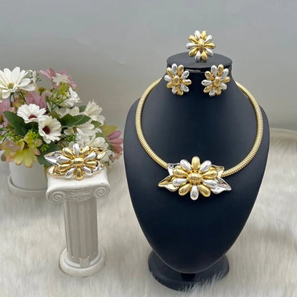 Dubai Gold Plated Necklace Earring Ring Bracelet Sets for Women Copper Vintage Flower Shape Jewelry Set for Party Wedding Gifts