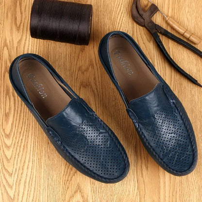 Italian Summer Hollow Shoes Men Casual Luxury Brand Genuine Leather Loafers Men Breathable Boat Shoes Slip On Moccasins