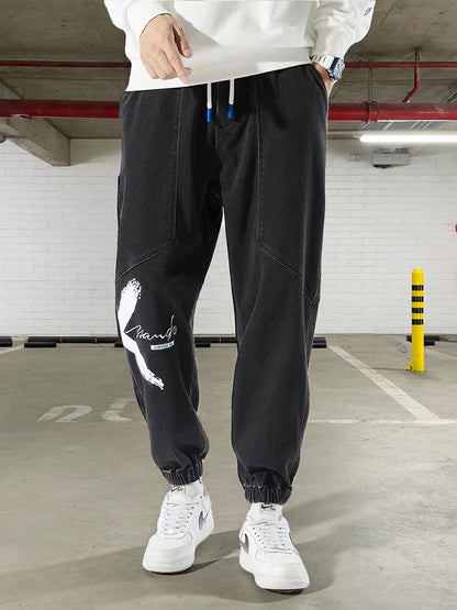 2026 New Summer Men's Jeans Denim Jogger Pants Streetwear Style Ankle-Length Baggy Jeans with Drawsting Waist Asian Size XL-6XL