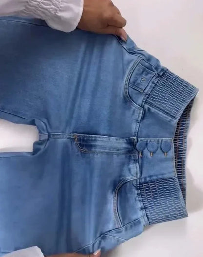 autumn winter  Elegant High Waist Button Front Casual Female Jeans Sexy  Fashion Back Shirred Trouser Bottom