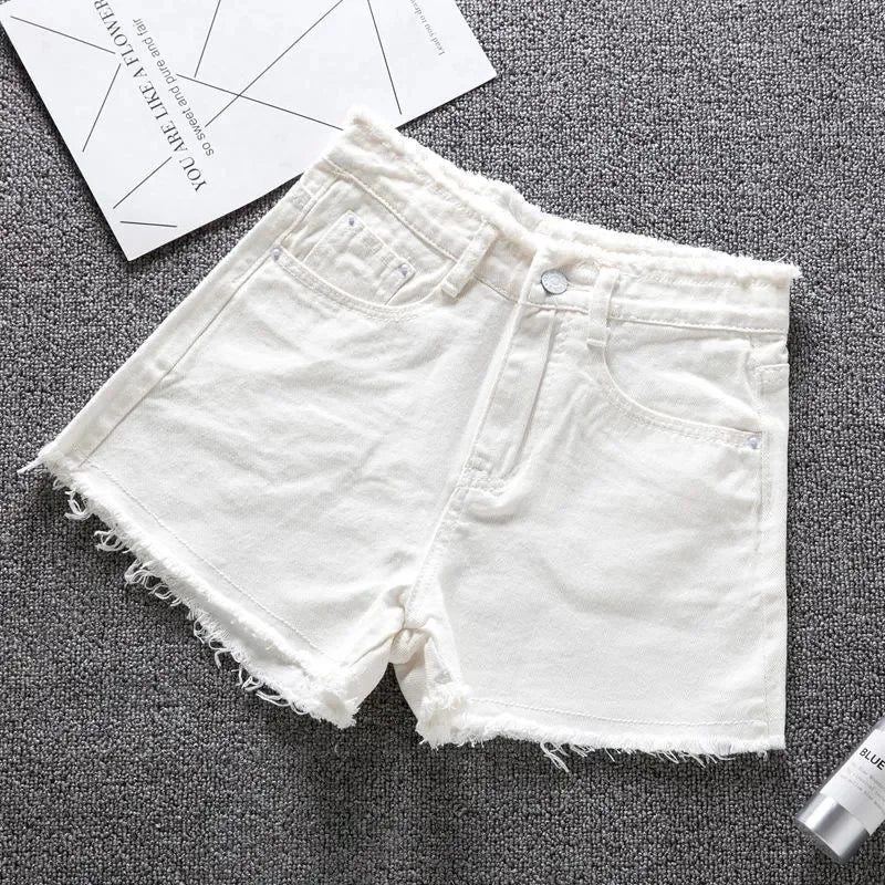 2025 Summer Woman High Haist Jeans Shorts Fashion Rough-edges Denim Short Pants Schoolgirl Casual Pants Blue Black White Jeans